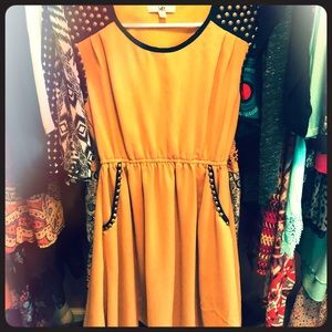 Mustard, bronze studded dress with pockets